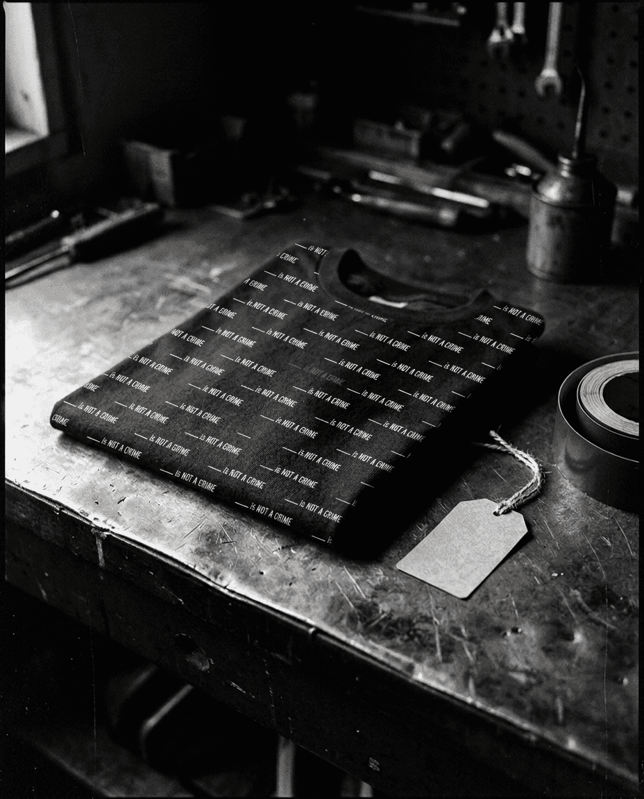 Folded CASE 001 garment on a workshop bench, printed with the repeating ___ is NOT A CRIME pattern