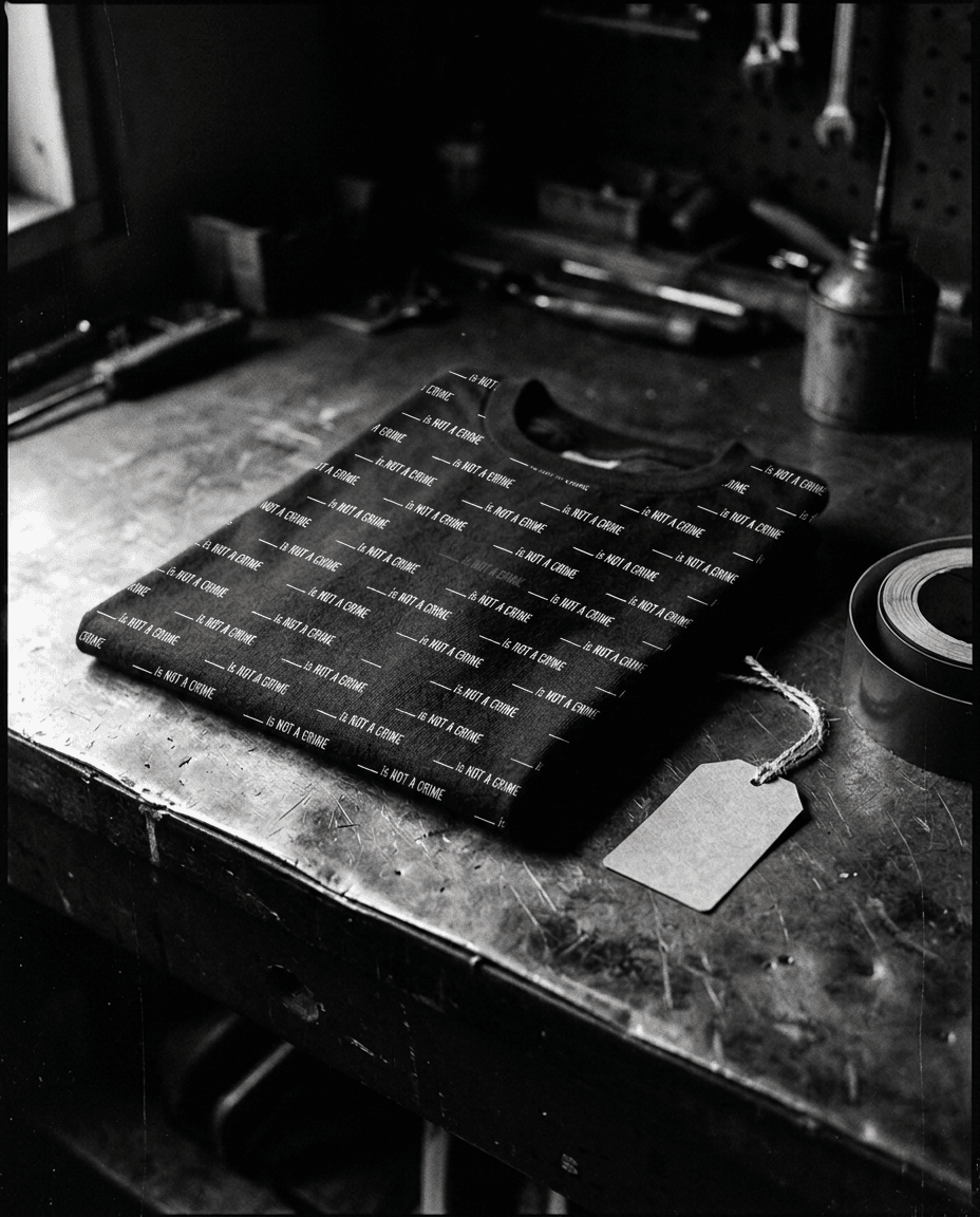 Folded CASE 001 garment on a workshop bench, printed with the repeating ___ is NOT A CRIME pattern
